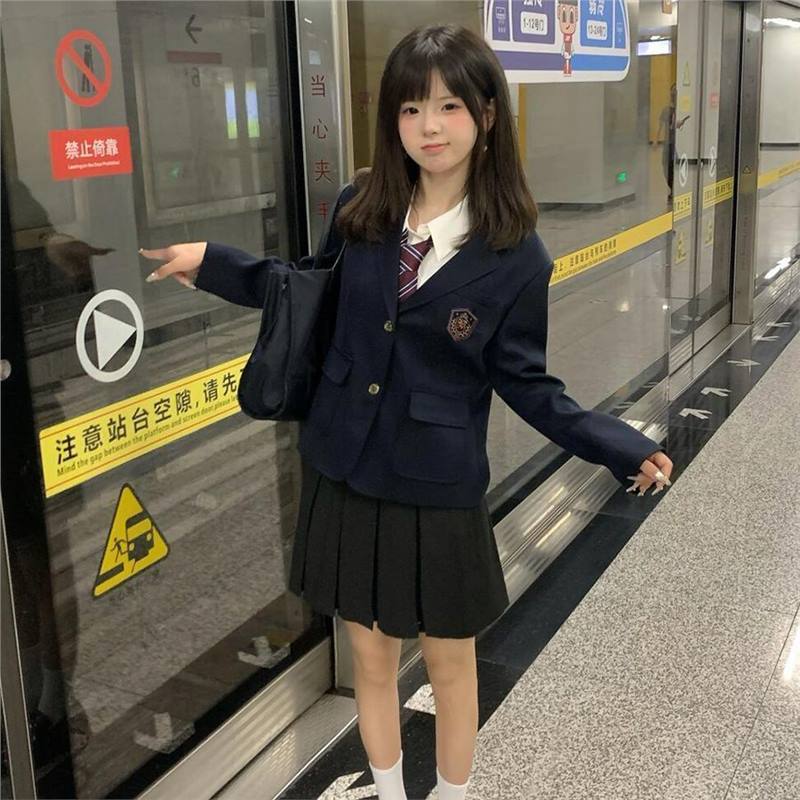 原创jk西装制服外套秋冬春秋黑色学院小个子套装西服校供上衣|undefined