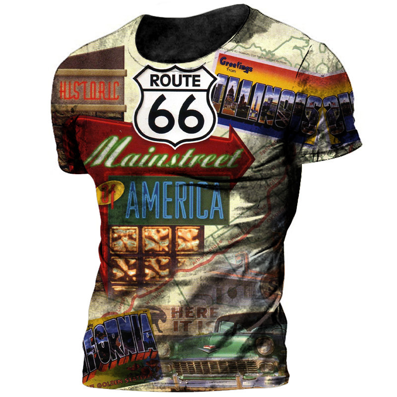 Retro Route 66 Racing Short Sleeve T-Shirt Men's 3D Print Motorcyclist Men's T-Shirt