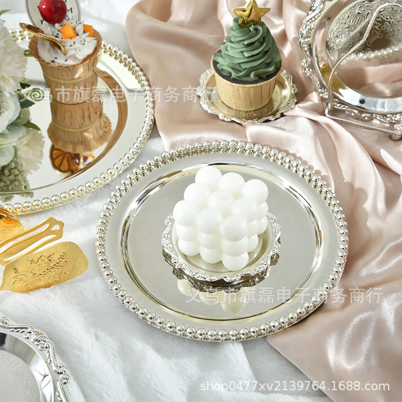European-style metal bead spot snack cake plate silver-plated fruit plate afternoon tea cake jewelry tray photo props