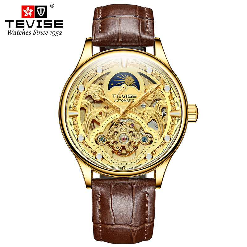 TEVISE reloj mecánico automático casual para hombres hueco transparente fase lunar volante reloj mecánico para hombres T820D