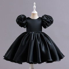 Girls' dress, evening dress, puff sleeves, short satin tutu skirt, back slit with bow, advanced