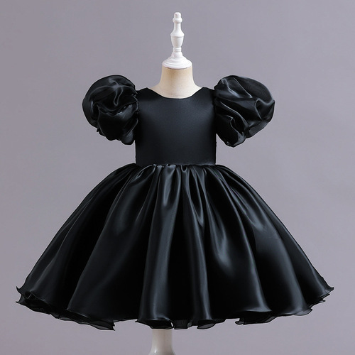 Girls' dress, evening dress, puff sleeves, short satin tutu skirt, back slit with bow, advanced