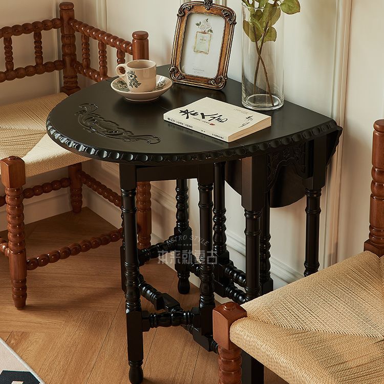 French-Style Vintage Folding Solid Wood Dining Table, American Retro Mcm Small Apartment Living Room Household Oval Coffee Round Table