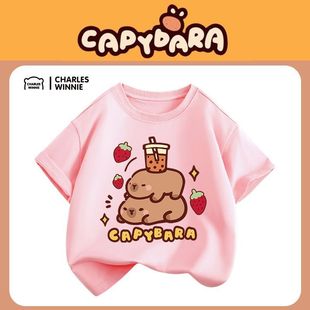 Children's Short-Sleeved T-Shirt Girls Pure Cotton Tops 2025 New Summer Sports Half-Sleeved Medium and Large Kidsren's Kapibala Trendy t