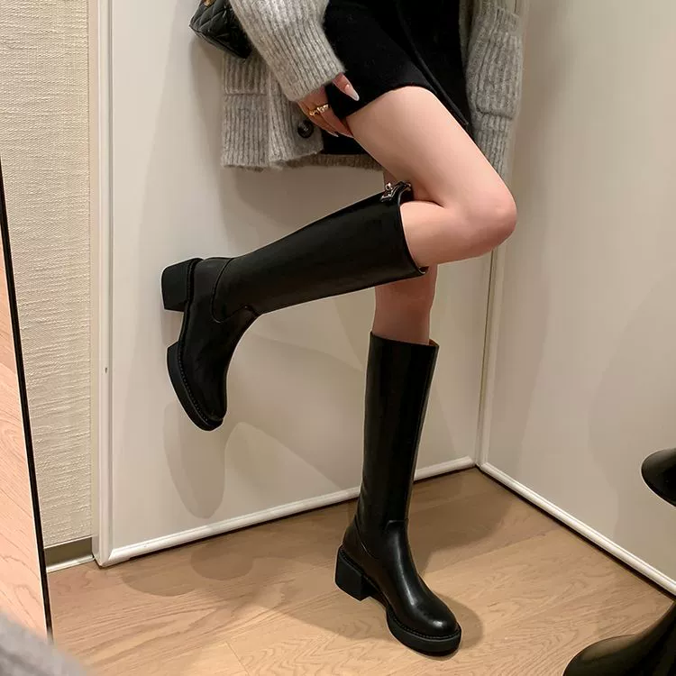 Ретро коричневый рыцарь сапоги женская осень-зима бархатная толстая подошва толстые каблуки без колен сапоги модные круглые сапоги на высоком каблуке