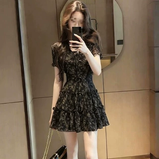 时尚法式优雅风木耳边系带碎花连衣裙高级感女夏别致收腰A字短裙