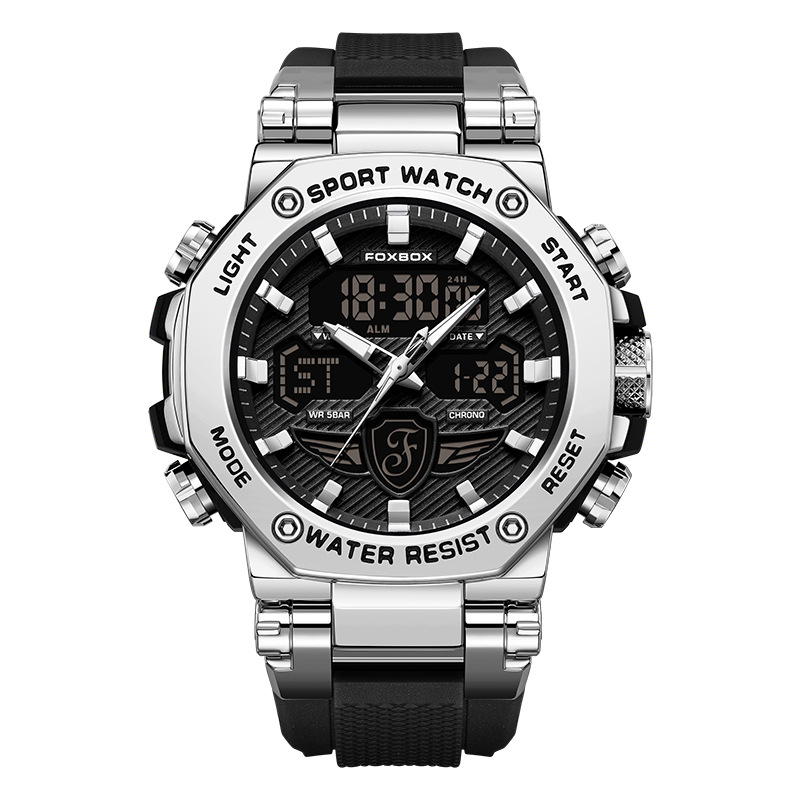 FOXBOX Reloj electrónico de doble pantalla para hombre Reloj electrónico impermeable Reloj despertador cronógrafo luminoso Reloj deportivo para estudiantes 0062