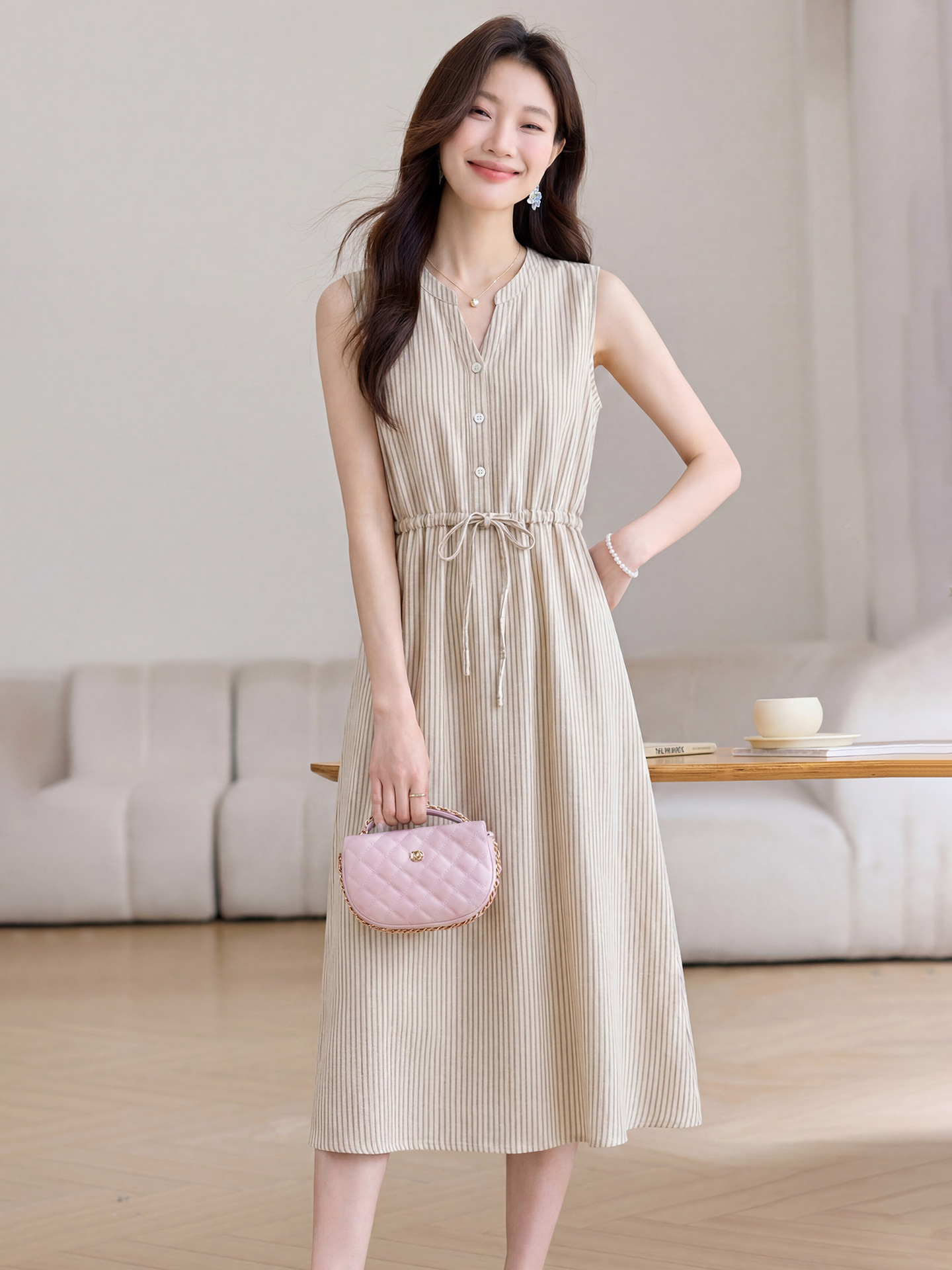 Đầm maxi nữ thắt eo cổ V rút dây, dáng chữ A trung niên mùa hè — Sọc Tây Tạng, Lưới đỏ, Sọc kaki