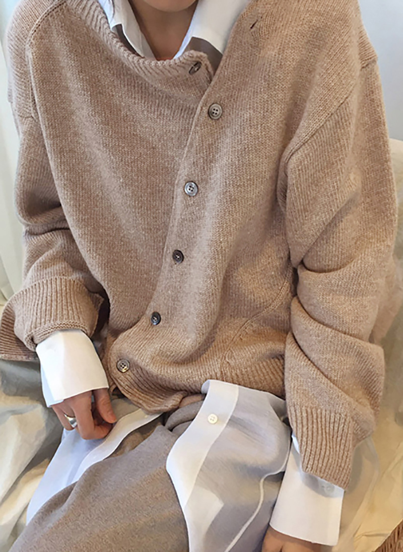 Cardigan in maglia con scollo rotondo, stile coreano, con bottoni diagonali, design irregolare, da donna, primavera_voghion.com