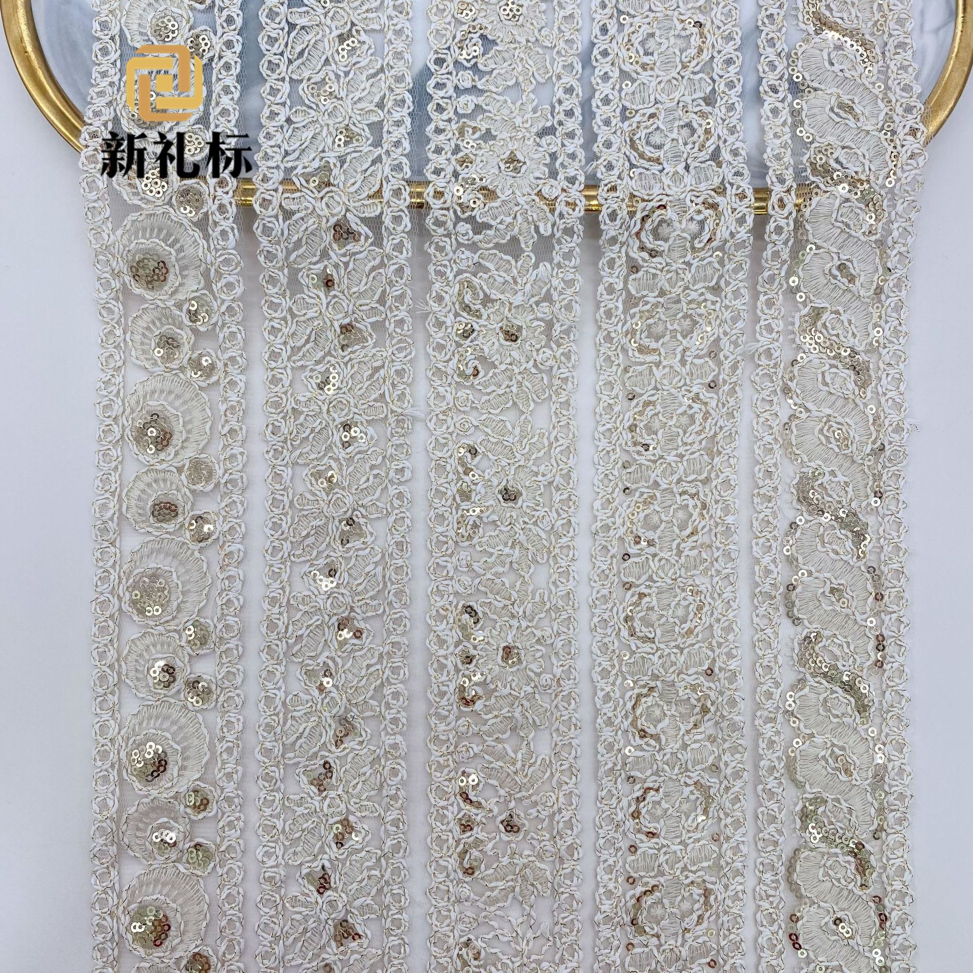 Accesorios de encaje de estilo étnico, accesorios retro de estilo antiguo Hanfu, lentejuelas de seda dorada y plateada de todo fósforo 204 nuevas ventas directas de fábrica