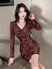 Long sleeved velvet halo dyed slim fit wrap buttocks dress