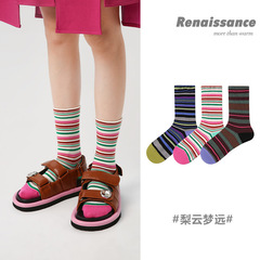 文藝復興原創設計女襪經典簡約條紋撞色精梳棉中筒襪禮盒裝襪子女