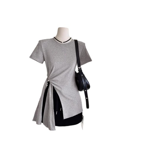 Lady belt solid color short-sleeved T-shirt for women 2025 summer new Korean round neck versatile pullover student top trendy