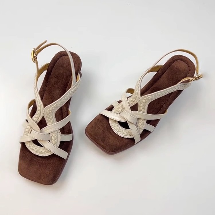 Women's Retro Square Toe Woven Sandals With Stiletto Heels_voghion.com