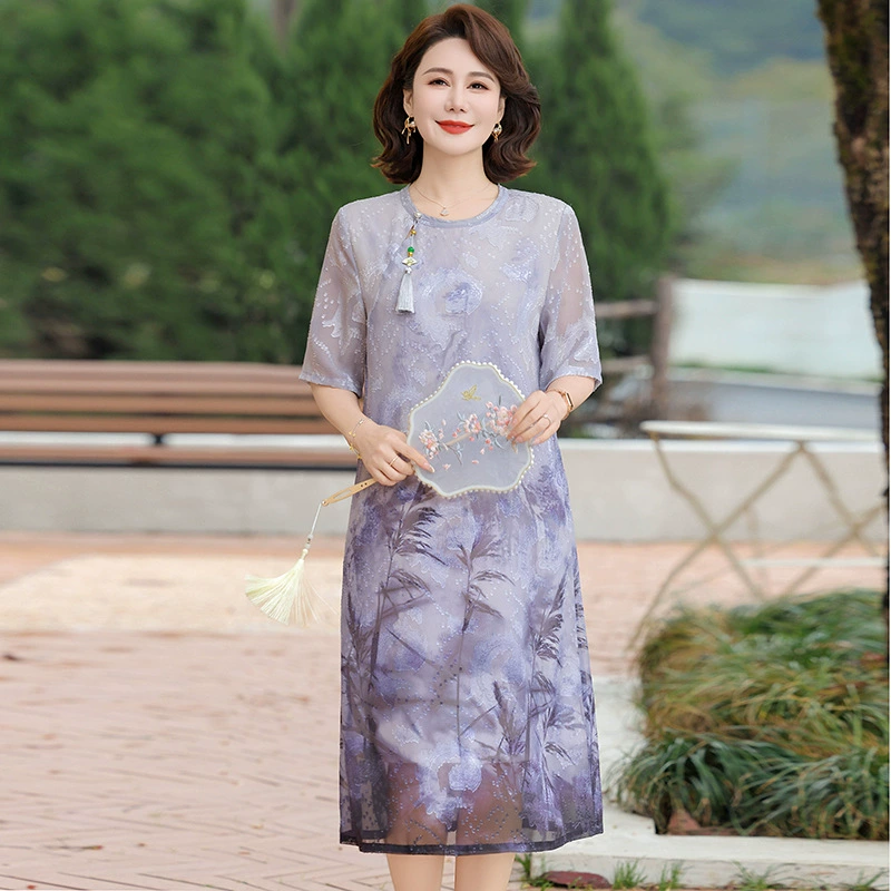 2025 новое летнее тонкое платье в китайском стиле для мам, модная прямая длинная юбка в национальном стиле для женщин среднего и пожилого возраста