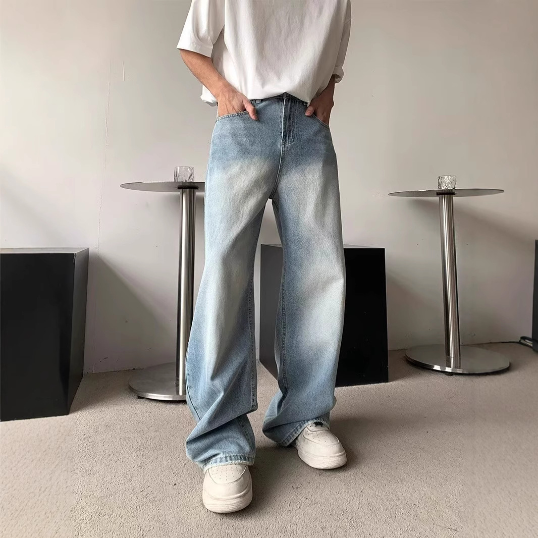 American Style High Street light blue Wide Leg Jeans Men's 2025 Summer New Fashion Brand Loose Straight Tube Long Pants