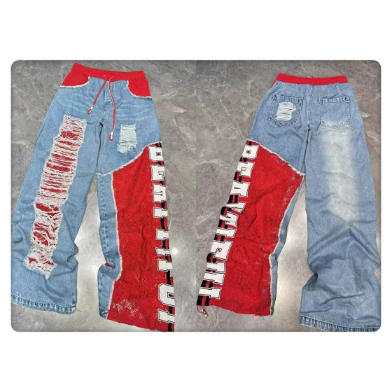 European Designer Jeans for Women 2025 Summer New Heavy-Duty Frayed Lace Letter Print Loose Pants