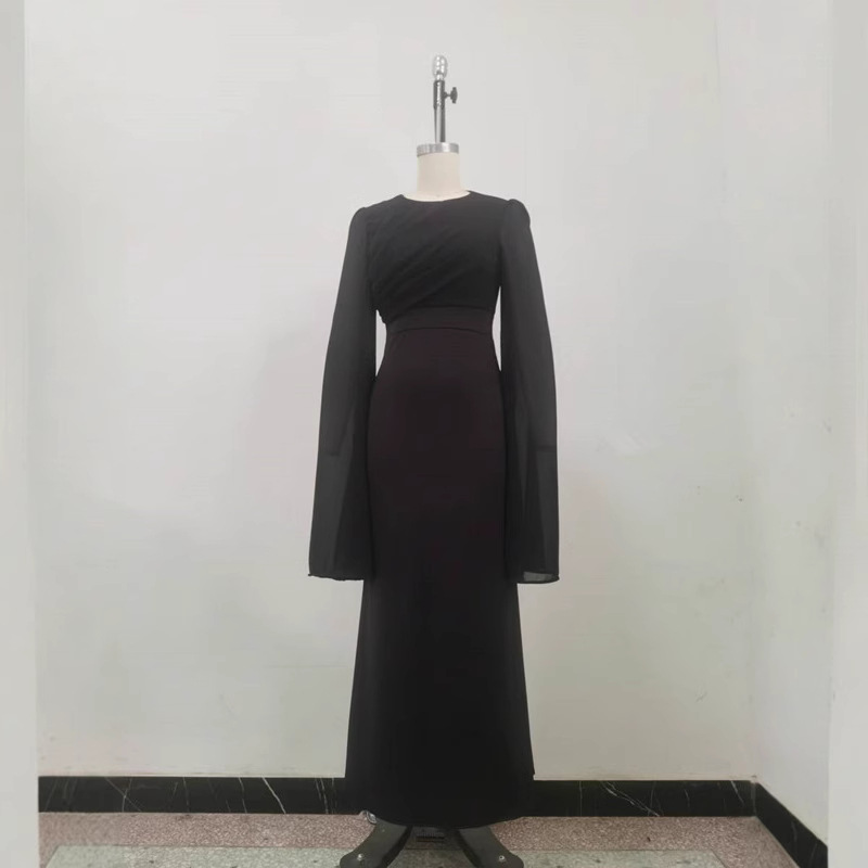 2025 New European And American Cro-Border Trade Women's Clothing Patchwork Chiffon Flared Sleeve Long Elegant Slim_ecoleips.com