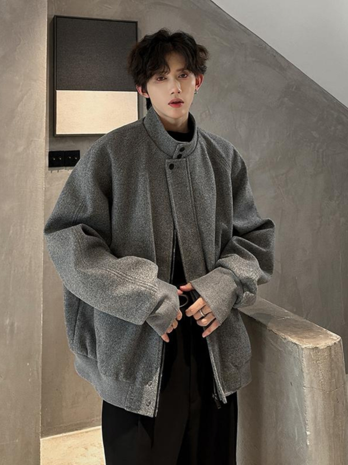 美式灰色立领毛呢外套男款秋冬痞帅呢子大衣短款韩系廓形西装夹克