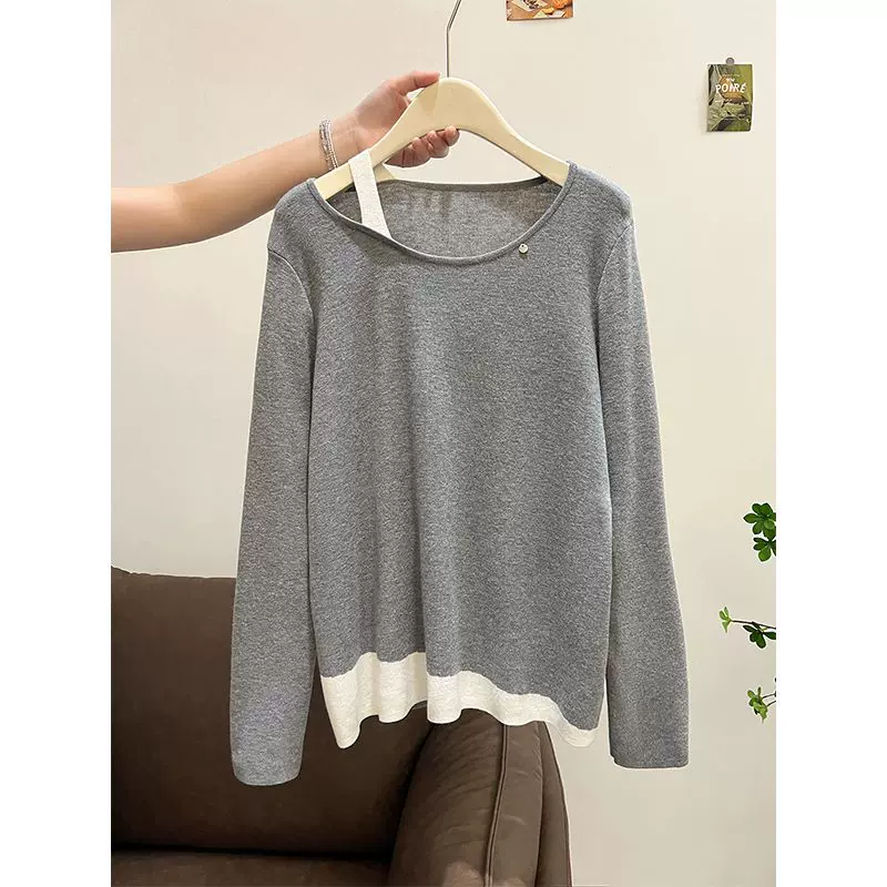 独特法式小香气质撞色肩带宽松长袖针织衫2025秋新款假两件上衣女