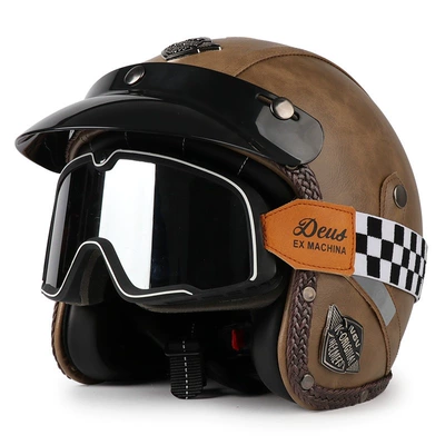 Motosiklet dəbilqələri — 3C Certified Retro Cruise Motorcycle - m-brown-black-and-white-checkered-large-frame-goggles-you-can-leave-a-message-to-request-a-transparent-mirror-comes-with-a-hat-brim-face-towel