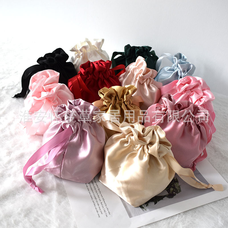 仿真丝眼罩双层布袋缎面束口袋双拉抽绳丝绸袋化妆品收纳包现货