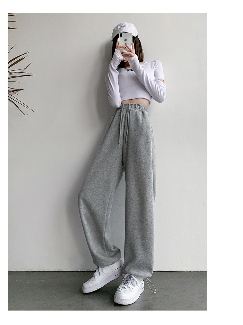 American grey sportswear pants for women in autumn and winter, fleece loose straight-leg casual sweatpants, petite wide-leg pants, trendy ins pic 17