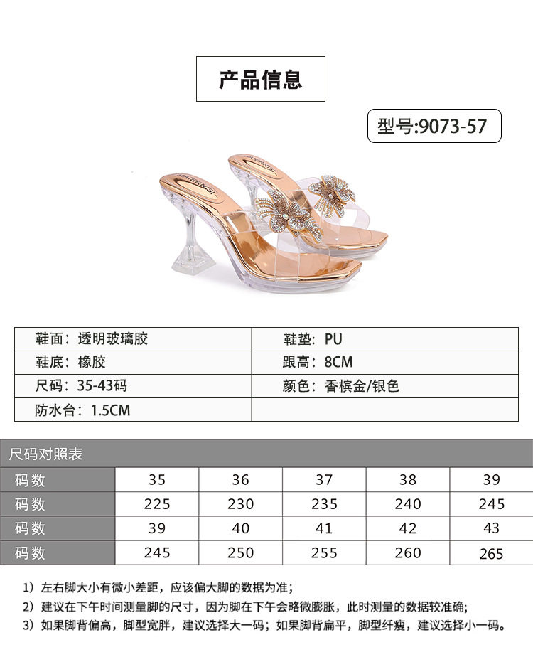 Sandal nữ quai ngang gót ly trong suốt đính hoa đá lấp lánh, gót 6–8 cm — Vàng Sâm Banh, bạc chi tiết 2