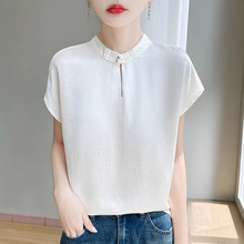 跨境新中式冰丝短袖T恤女2025新款国风洋气小衫遮肚子立领上衣女