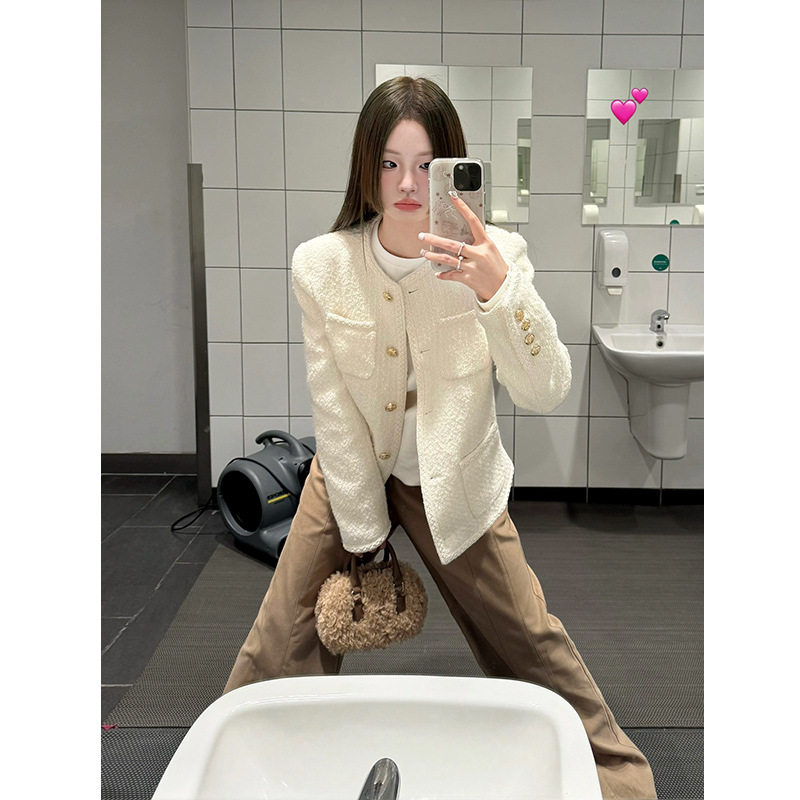 White Small Fragrant Jacket for Women 2025 Early Spring New Casual Versatile Golden Style Tweed Short Top