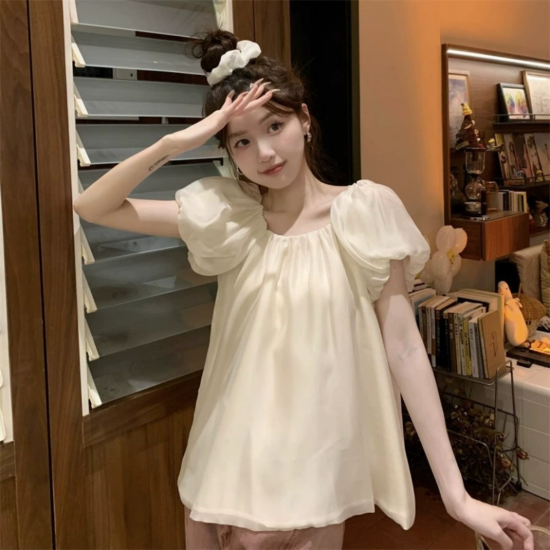 Шифоновая рубашка Fat mm закрывает живот, летняя рубашка в французском стиле, свободная рубашка для похудения, рубашка-бебидолл, рубашка на одно плечо с пышными рукавами для женщин