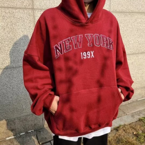 Pure cotton back collar American retro letter printed hooded sweatshirt for men and women autumn and winter loose hoodies versatile