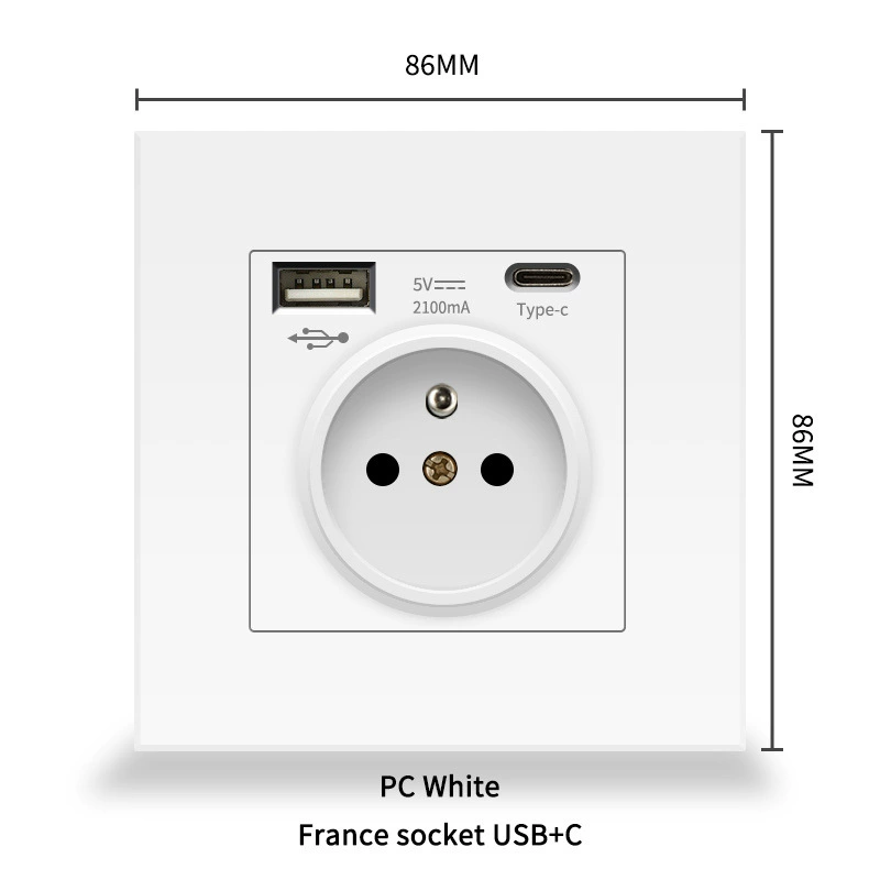 86 евростандартная панель розетки с французской вставкой, Type-C + USB, европейский стандарт 16A, стеклянная панель