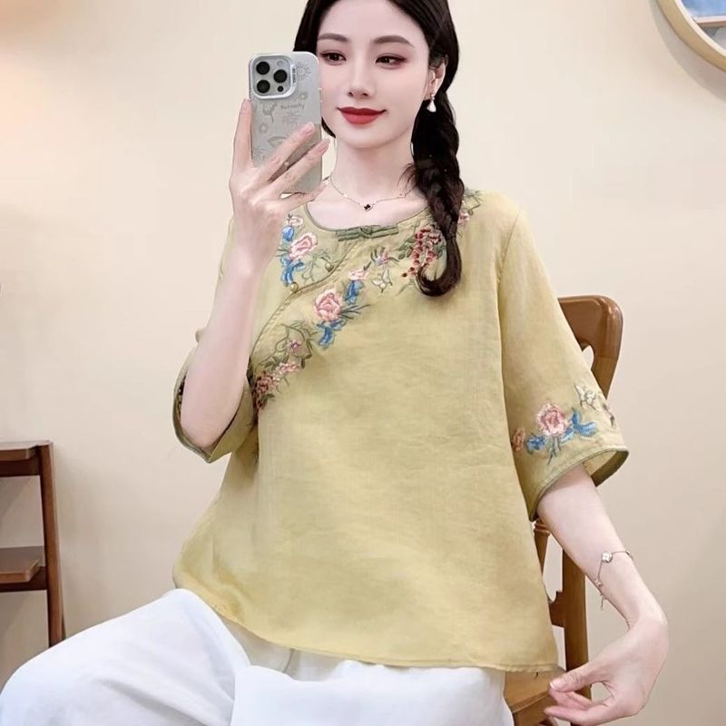 新中式民族风棉麻中袖上衣夏季新款设计感重工刺绣T恤文艺复古女|undefined