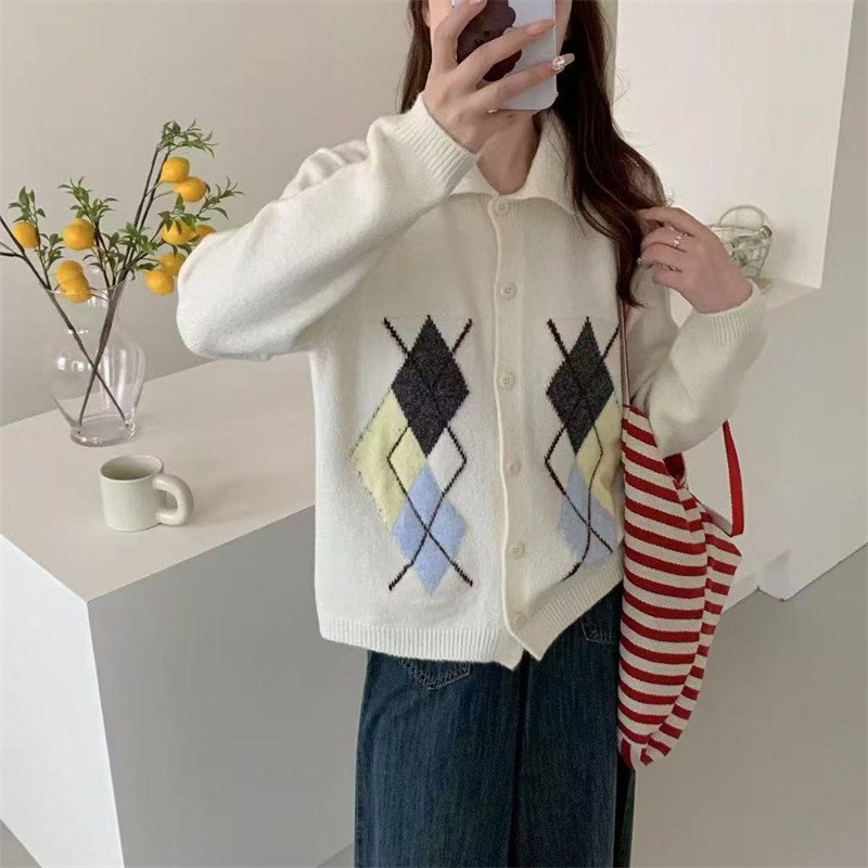 韩系秋冬季新款菱形格提花针织毛衣女外套文艺复古风百搭翻领开衫|undefined
