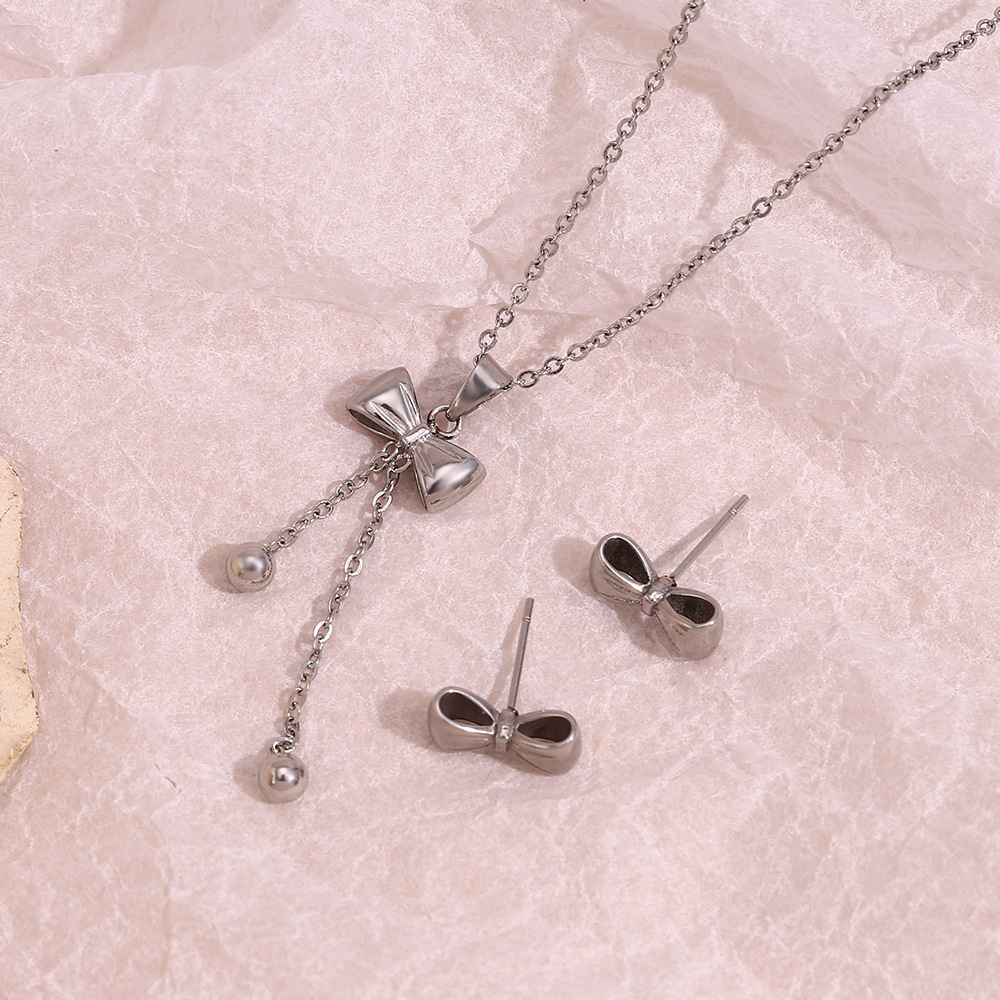 Steel Color Bow Knot Necklace Earrings Sets