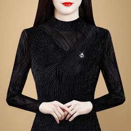 洋气半高领打底衫女2025年秋冬新款修身长袖加绒加厚网纱纹理上衣