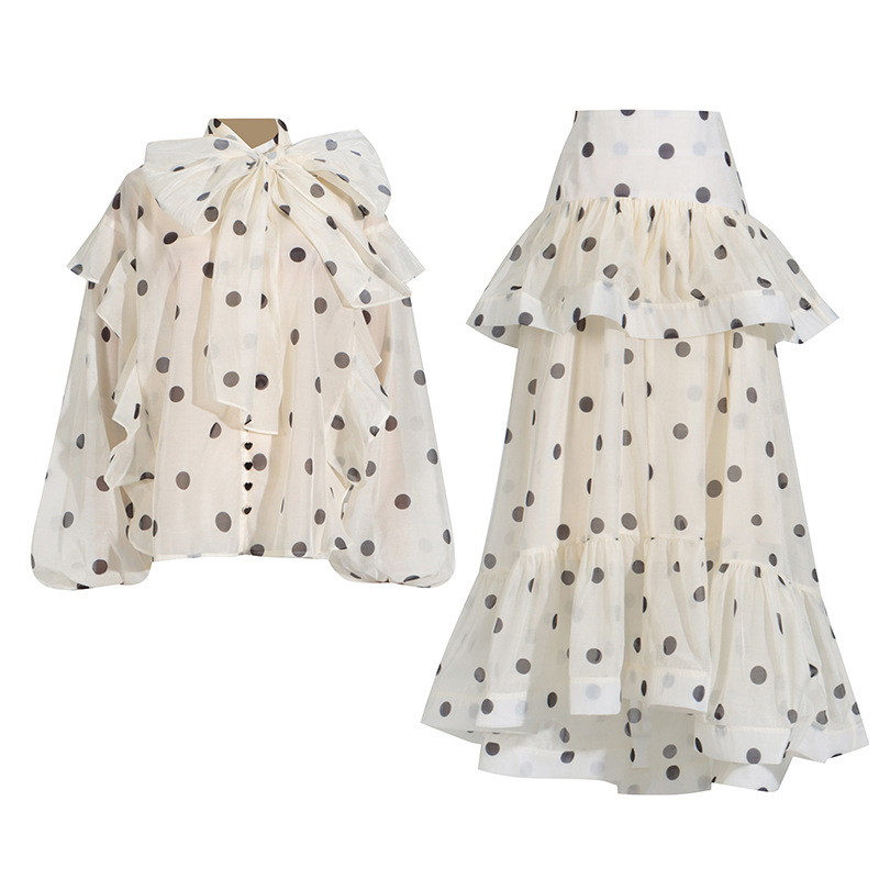 Australian Show Polka Dot Set Women Trendy Scarf Collar Ruffled Shirt Top Long Skirt Sets