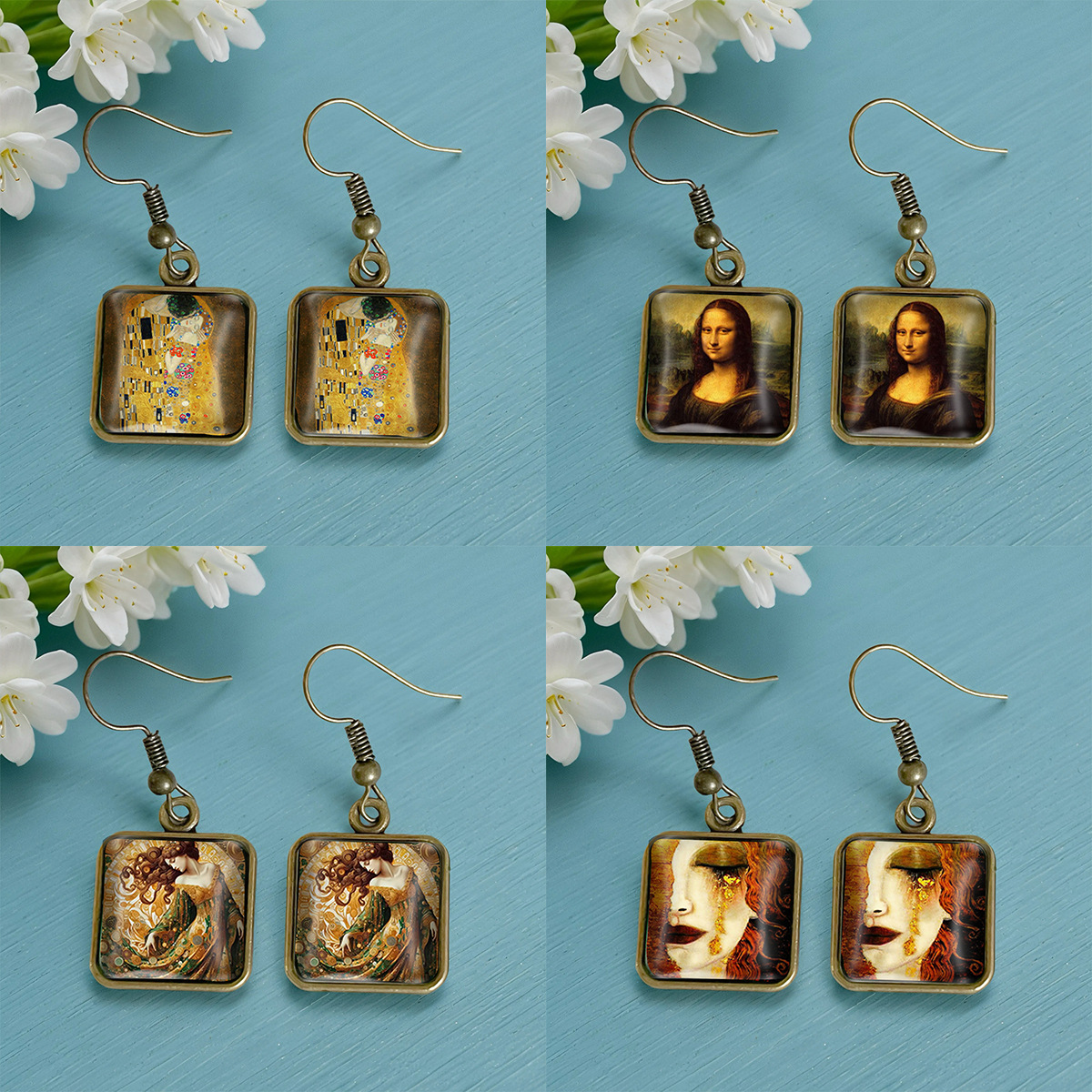 Transfronterizo Van Gogh Mona Lisa sonrisa retro bronce mujer que llora besando pinturas famosas pendientes cuadrados de vidrio image 1