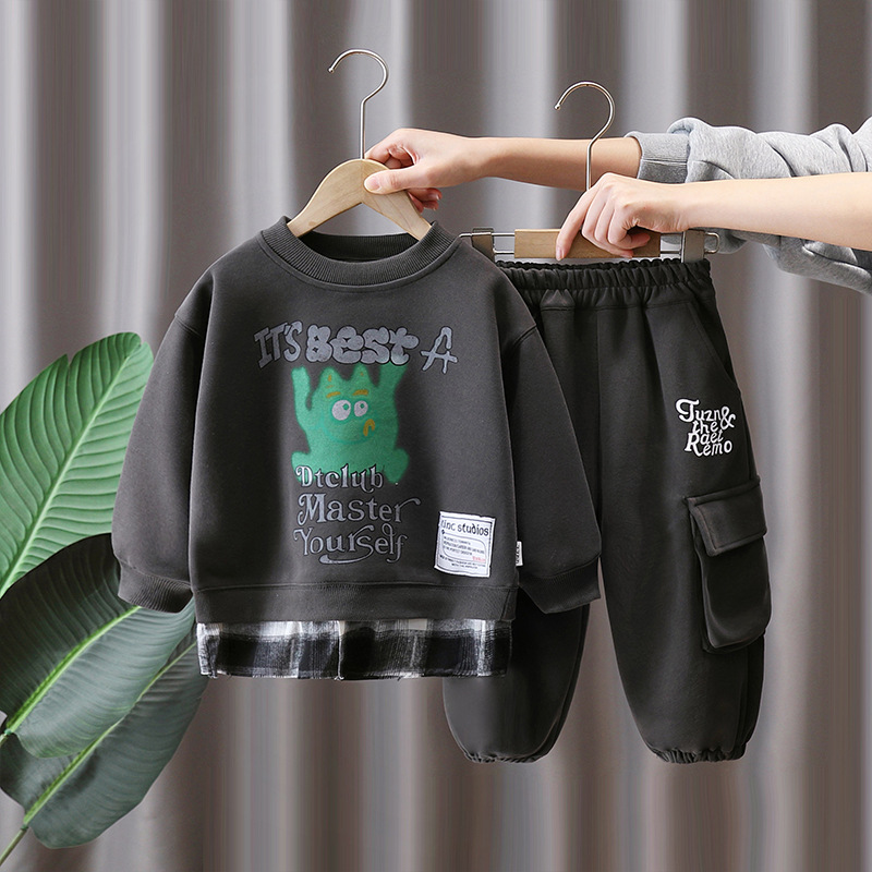 7676 Traje de primavera para niños 2025 Ropa de moda falsa de dos piezas para niños Primavera y otoño Suéter y pantalones de dos piezas Primavera