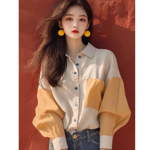 翻领杏色拼接长袖衬衫女设计感小众春秋独特别致宽松通勤绝美上衣