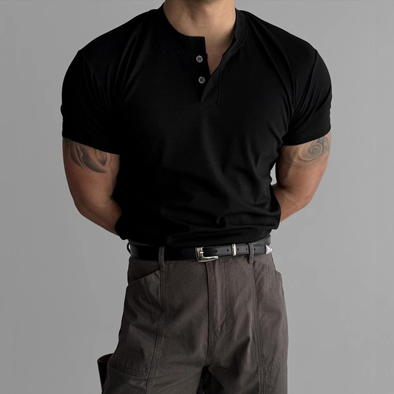 American Style Retro Heavy-weight Short-sleeved T-shirt Men's Polo Shirt Mature and Steady Tight Cuff Fitness Tough Guy Henry Shirt American Style Retro Heavy-weight Short-sleeved T-shirt Men's Polo Shirt Mature and Steady Tight Cuff Fitness Tough Guy Henry Shirt
