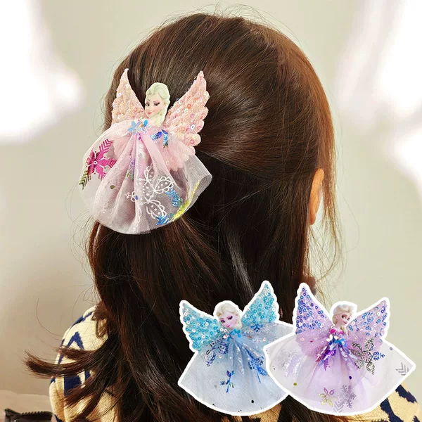 Frozen Elsa Princess Hairpin Cute Sequin Wings Children's Hairpin Mesh Princess Dress Headwear Hair Accessories