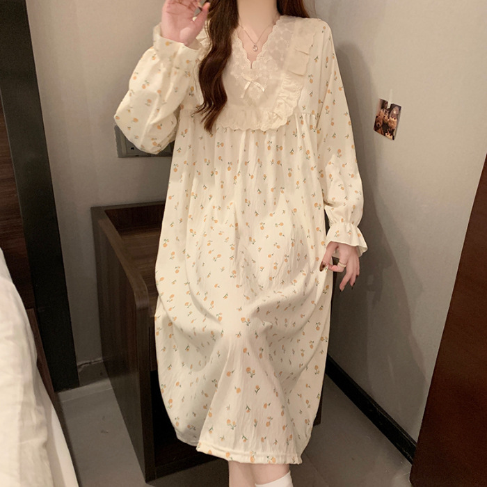 2025 pijama de otoño mujer delgado tejido pijama nubes de algodón de encaje dulce princesa vestido de vestir al por mayor