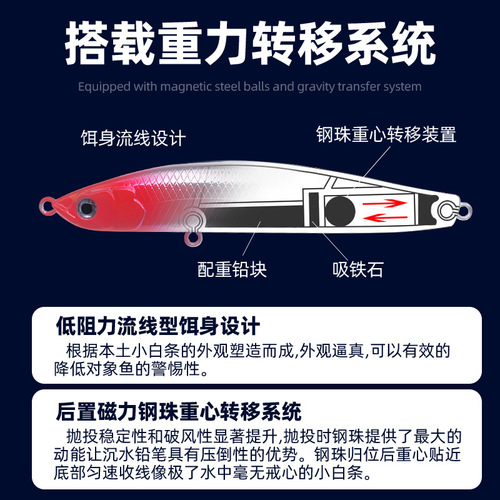 Long-distance throwing submersible pencil magnetic steel ball center of gravity transfer system for fishing tilted-mouthed catfish and bass fake bait Luya bait