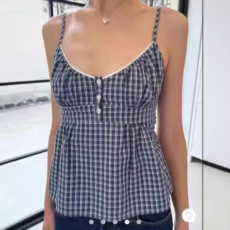 BM风蓝色格子三粒扣花边领纽扣吊带背心女辣妹内搭露肩系带短上衣