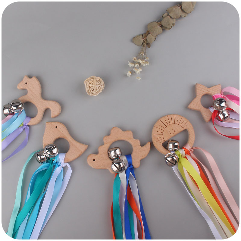 Nuevo bebé suministros de dibujos animados animal de madera anillo bebé creativo haya molar cinta mordedor sonajero juguete