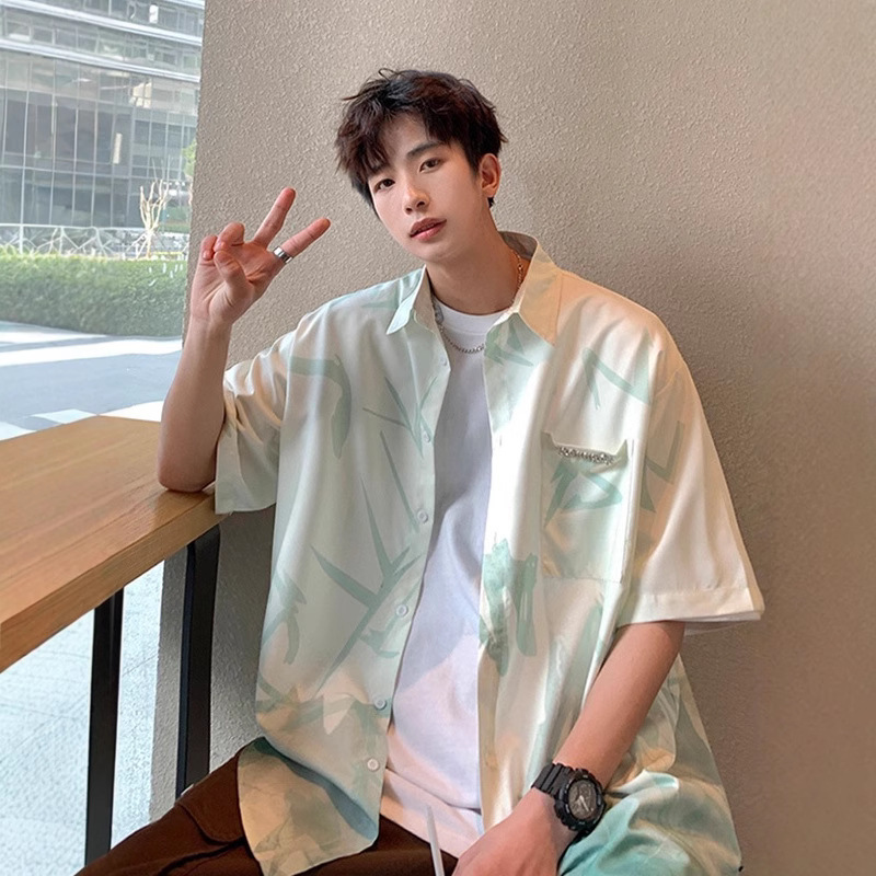 New Ice Silk Cool Shirt for Men, Summer Trendy Brand Design, Gradient Ink Painting, Versatile Couple Loose Shirt