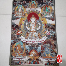 红色怀旧收藏网红货源刺绣织锦画唐卡客厅装饰画五人白四臂观音