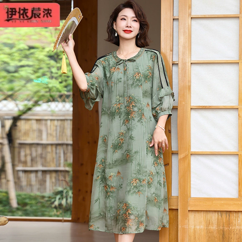 Летняя новая мама в двухслойном шифоновом платье с короткими рукавами